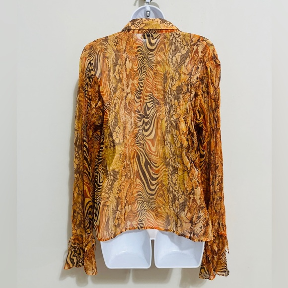 Y2K Sheer Fringe Mix Animal Print Button Down Top With Flare Sleeve Detail Sz L - Picture 8 of 8